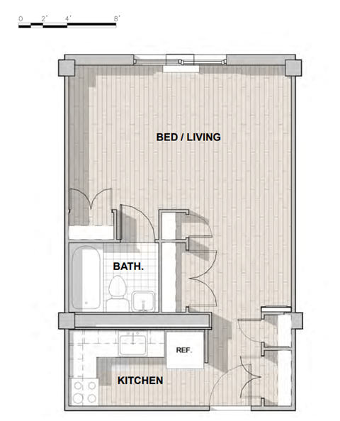 Floor plan for 2 beds, 1 bath, 734 sqft